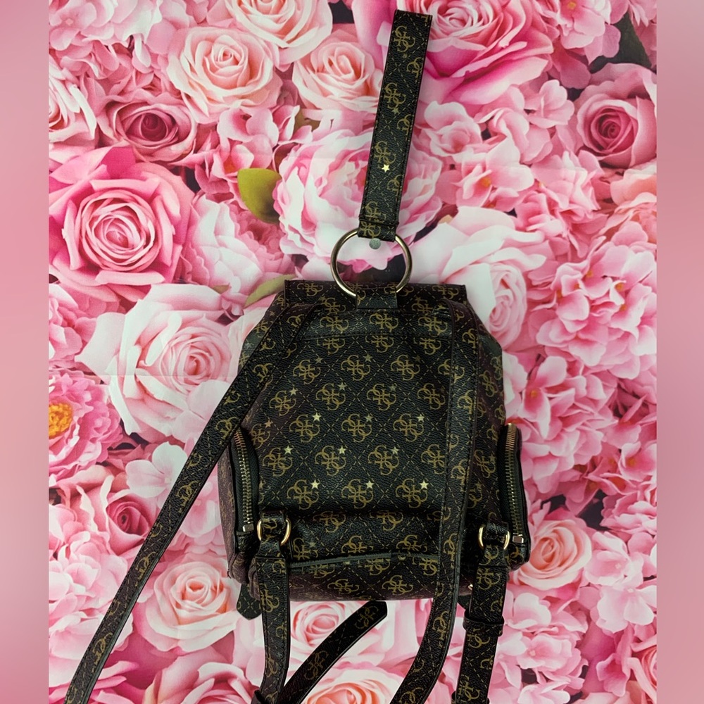 GUESS🤎brown leather like G monogram mini bucket hobo backpack bag - Picture 7 of 13